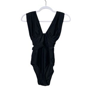 Cupshe NWT Black Rib Plunge Cross Back Tummy Control One Piece Swimsuit Size Med